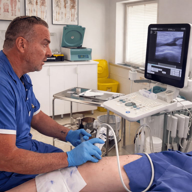 Ortopedspecialist utför ultraljudsledd PRP-behandling av knä i klinikmiljö